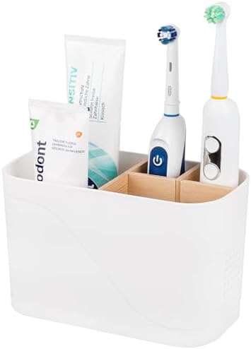 Heagoale Toothbrush Holder with Bamboo Dividers 4 Slots White