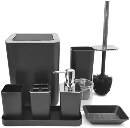 Black Bathroom Accessories Set 8-Piece with Trash Can and Qtip Holder