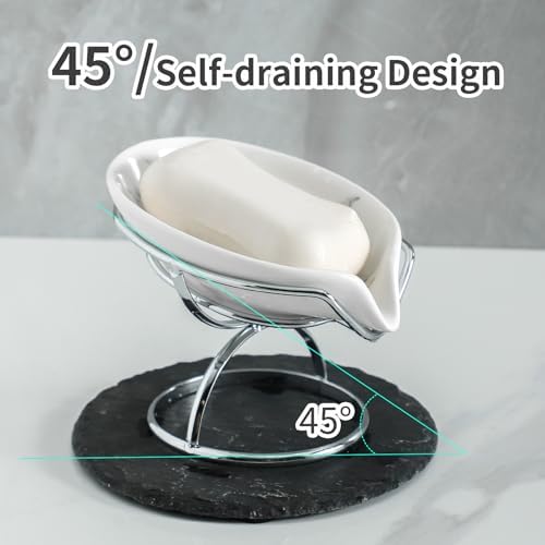 Leaf-Shaped Ceramic Soap Dish with Drain Stainless Steel Stand