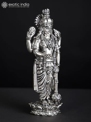 Superfine Four-Armed Lord Vishnu Silver Plated Brass Statue