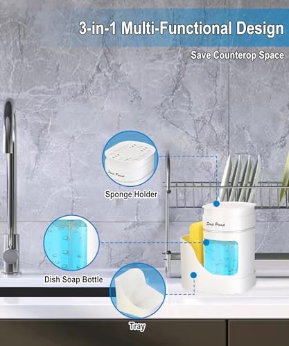 Eavida 3-in-1 Dish Soap Dispenser with Sponge Holder - White