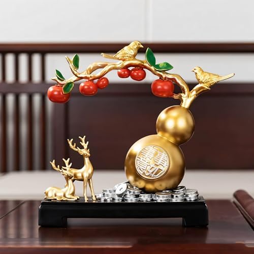Feng Shui Gourd Sculpture with Gold Birds and Blue Deer