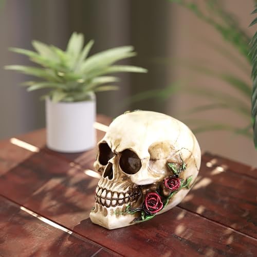 READAEER Human Skull Rose Resin Statue Home Decor