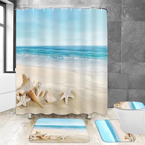 Chrainy 4Pcs Summer Beach Bathroom Set with Non-Slip Rugs and 12 Hooks