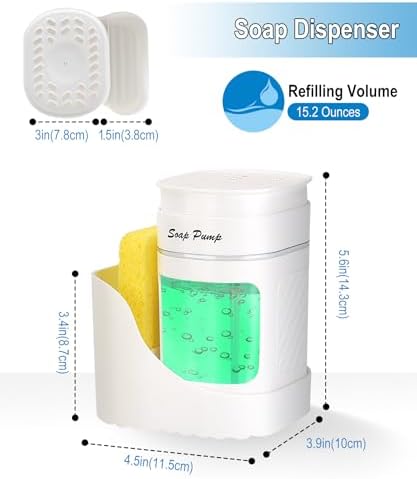 Eavida 3-in-1 Dish Soap Dispenser with Sponge Holder - White