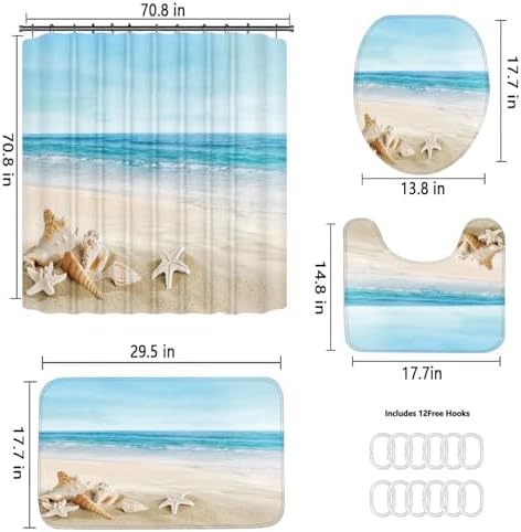Chrainy 4Pcs Summer Beach Bathroom Set with Non-Slip Rugs and 12 Hooks