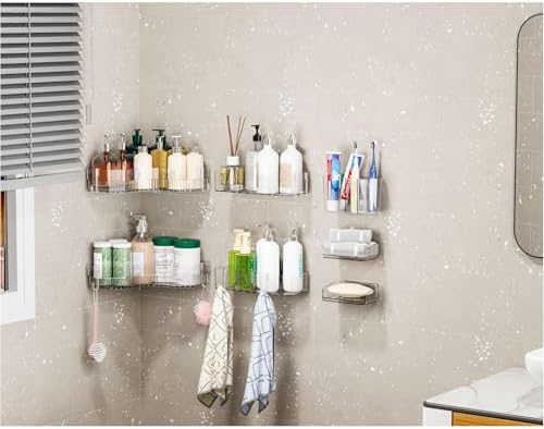 SUOXING 7 Pack Adhesive Shower Caddies Clear Acrylic 8 Hooks No Drilling