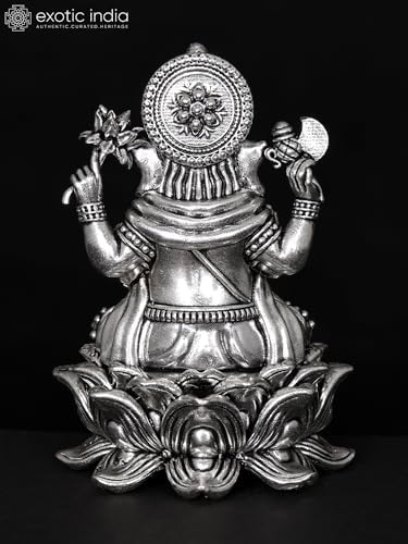 Exotic India Small Superfine Ganesha Seated on Lotus Silver Plated Brass Statue 1