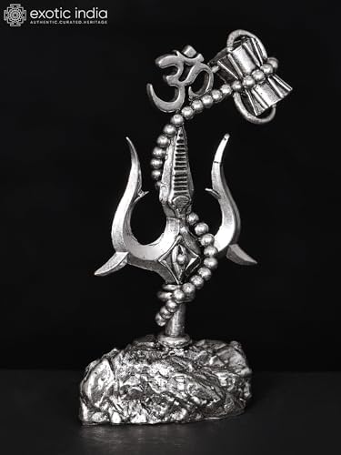 Exotic India Small Superfine Trishul Brass Statue with Damru and Om