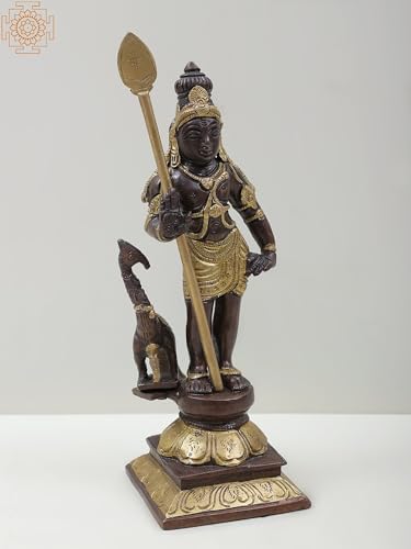 10 Inch Lord Karttikeya Brass Statue with Peacock 1