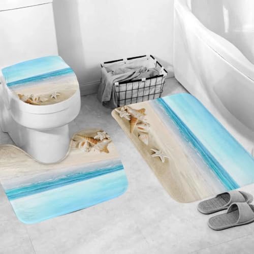 Chrainy 4Pcs Summer Beach Bathroom Set with Non-Slip Rugs and 12 Hooks
