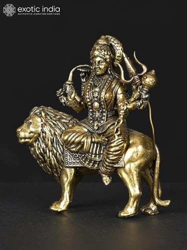 Exotic India Maa Sherawali Brass Statue 4-Armed Lion Rider
