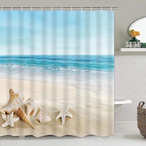 Chrainy 4Pcs Summer Beach Bathroom Set with Non-Slip Rugs and 12 Hooks