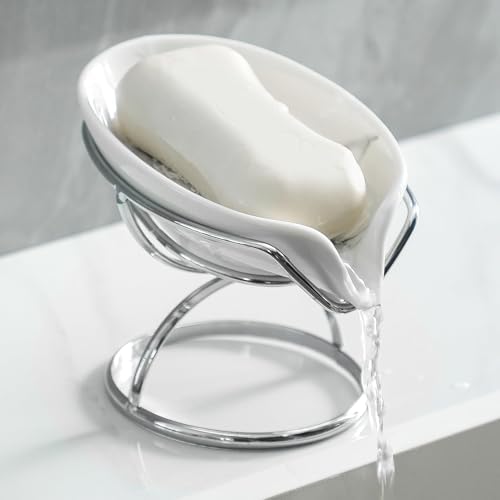 Leaf-Shaped Ceramic Soap Dish with Drain Stainless Steel Stand
