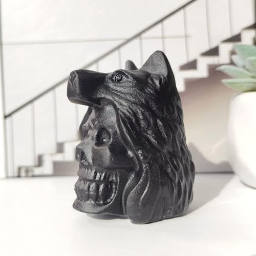Obsidian Skull Wolf Crystal Figurine Decor Sculpture