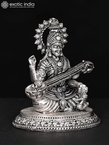 Devi Saraswati Veena Playing Silver Plated Brass Statue