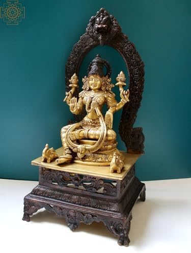 Brass Lakshmi Goddess Statue with Pedestal - Prosperity Idol for Pooja Room