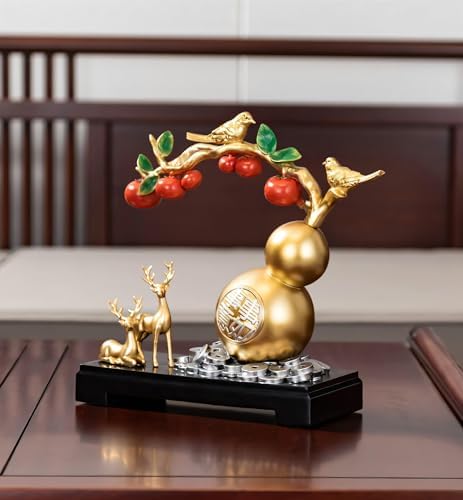 Feng Shui Gourd Sculpture with Gold Birds and Blue Deer
