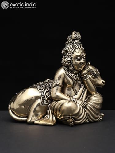 Exotic India Small Superfine Bal Gopal Brass Statue Lord Krishna Pooja Idol