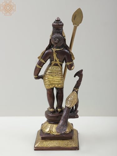 10 Inch Lord Karttikeya Brass Statue with Peacock 1