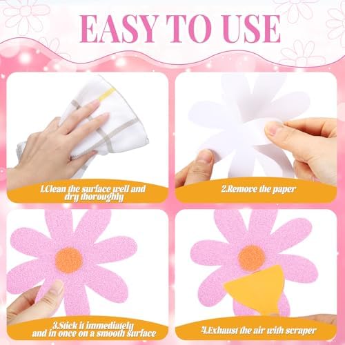 Chiisong 24 Pcs Flower Anti Slip Bathtub Sticker Pink