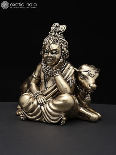 Exotic India Small Superfine Bal Gopal Brass Statue Lord Krishna Pooja Idol