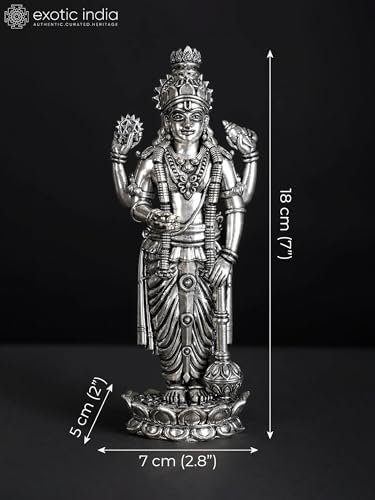 Superfine Four-Armed Lord Vishnu Silver Plated Brass Statue