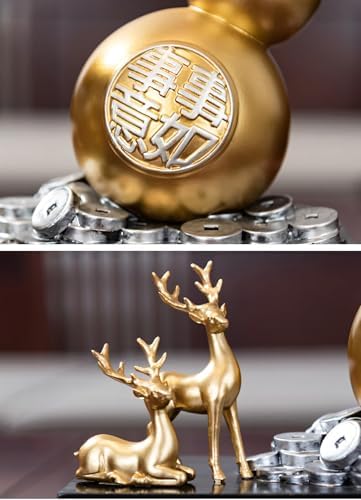 Feng Shui Gourd Sculpture with Gold Birds and Blue Deer