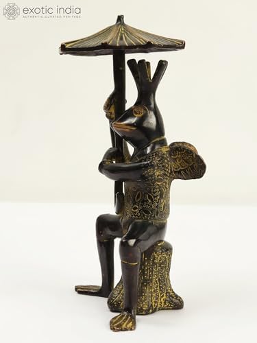 Exotic India Frog Brass Statue with Umbrella 1