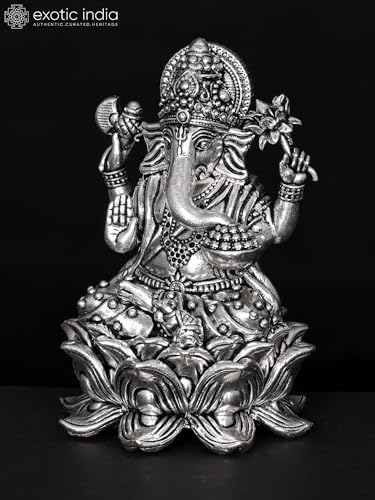 Exotic India Small Superfine Ganesha Seated on Lotus Silver Plated Brass Statue 1