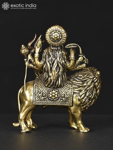 Exotic India Maa Sherawali Brass Statue 4-Armed Lion Rider