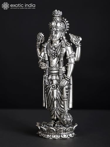 Superfine Four-Armed Lord Vishnu Silver Plated Brass Statue