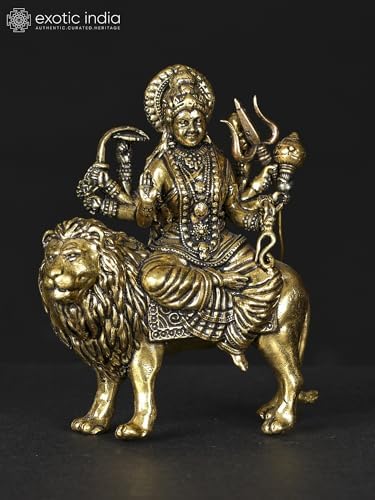 Exotic India Maa Sherawali Brass Statue 4-Armed Lion Rider