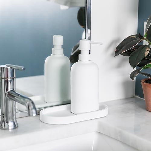 Matte White Round Soap Dispenser Tray Holds 2 Bottles