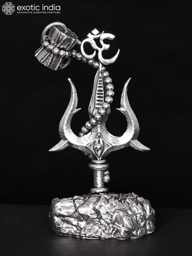 Exotic India Small Superfine Trishul Brass Statue with Damru and Om