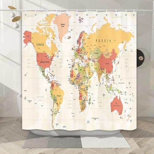 World Map Shower Curtain with Hooks 72x72IN 1