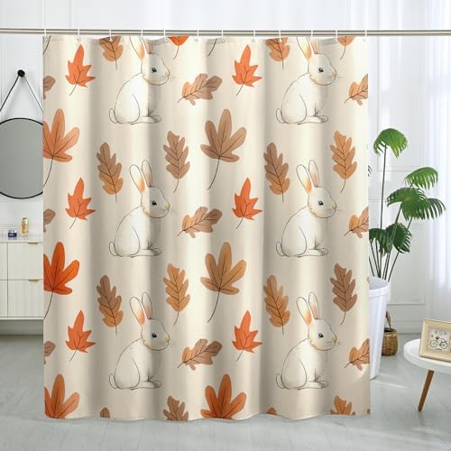 Fall Cartoon Rabbit Shower Curtain Set with 12 Hooks