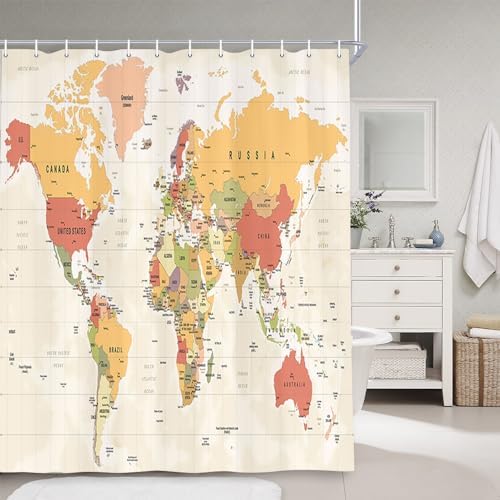 World Map Shower Curtain with Hooks 72x72IN 1