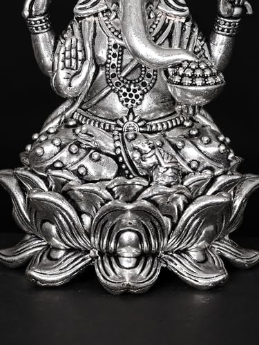 Exotic India Small Superfine Ganesha Seated on Lotus Silver Plated Brass Statue 1