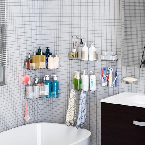 SUOXING 7 Pack Adhesive Shower Caddies Clear Acrylic 8 Hooks No Drilling