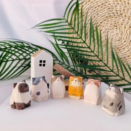 Handmade Wooden Orange Cat Statue for Home Office Decor