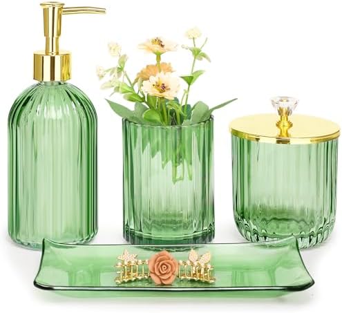 Haturi 4 Pc Green Glass Bathroom Accessories Set