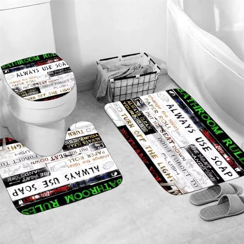 AZHM Letter Plank Pattern Shower Curtain Set 4 Pcs Black