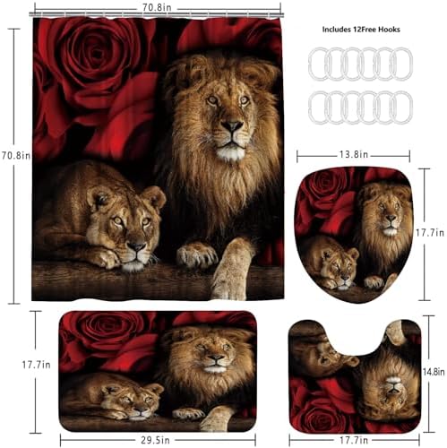 Jieprom 4PCS Red Rose and Lion Bathroom Set with Rugs and Mat