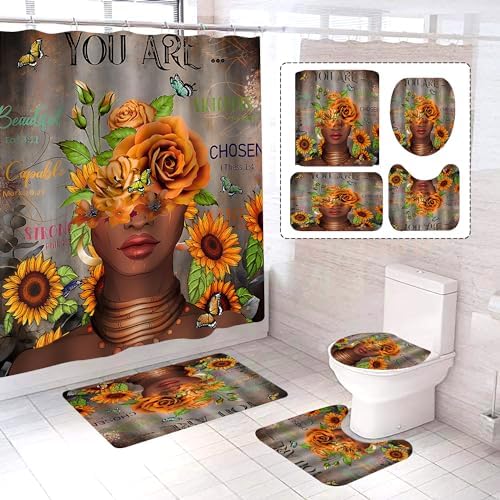 4Pcs African Woman Shower Curtain Set with Rugs and Hooks