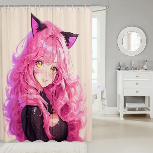 Erosebridal Kawaii Cat Girl Shower Curtain Set 1