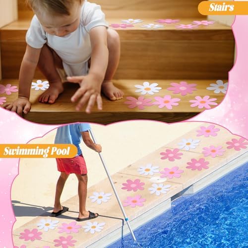 Chiisong 24 Pcs Flower Anti Slip Bathtub Sticker Pink