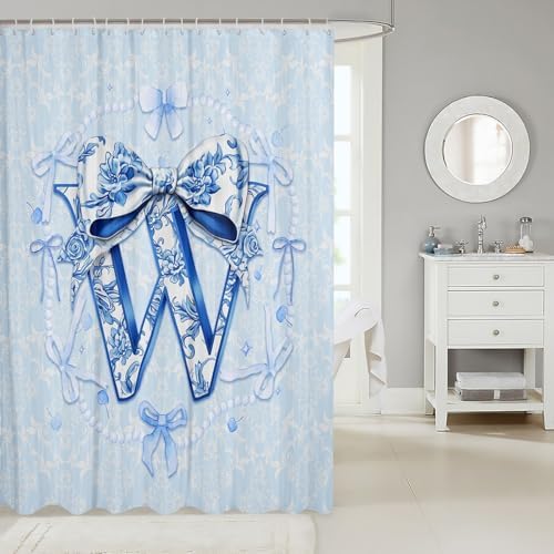 Erosebridal Blue Floral Bow Shower Curtain Set