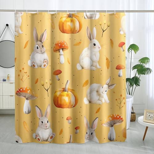 Fall Cartoon Rabbit Shower Curtain Set with 12 Hooks 1