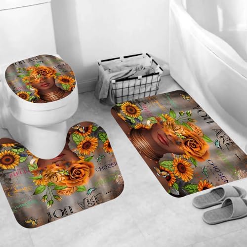 4Pcs African Woman Shower Curtain Set with Rugs and Hooks